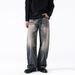 Vintage Washed Denim Jeans For Men - Classic High Waist Straight Leg Jeans With Distressed Details, Comfortable Cotton Fabric, Retro Blue_mkmklike.com
