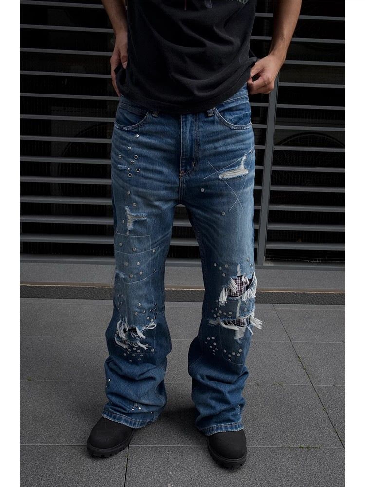 Men's Clothing Men's Dark Blue Straight Leg Flared Trousers Retro Distressed Patchwork Studded High Street Style_mkmklike.com
