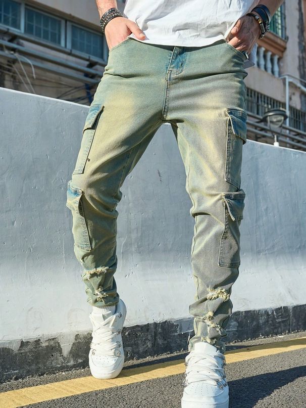 Men's Slim Fit Cargo Pants – Streetwear Style, Stretch Denim & Utility Pockets (Xs-Xxl) – Y2k Vintage Wash_mkmklike.com