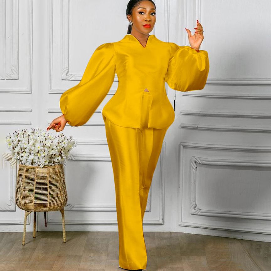 Women's Clothing solid color puff sleeve top wide leg trousers two piece suit women's fashion suit_mkmklike.com