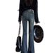 ELLE Cement Gray Retro Flared Jeans For Women, Autumn Winter 2025 New Style, Fleece Lined, Thickened, High Waist, Slim Fit,_mkmklike.com