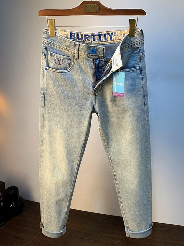 Summer Casual Jeans Color Faded Slim Fit Cropped High-end Light Luxury Skinny Stretch Men's Pants_mkmklike.com