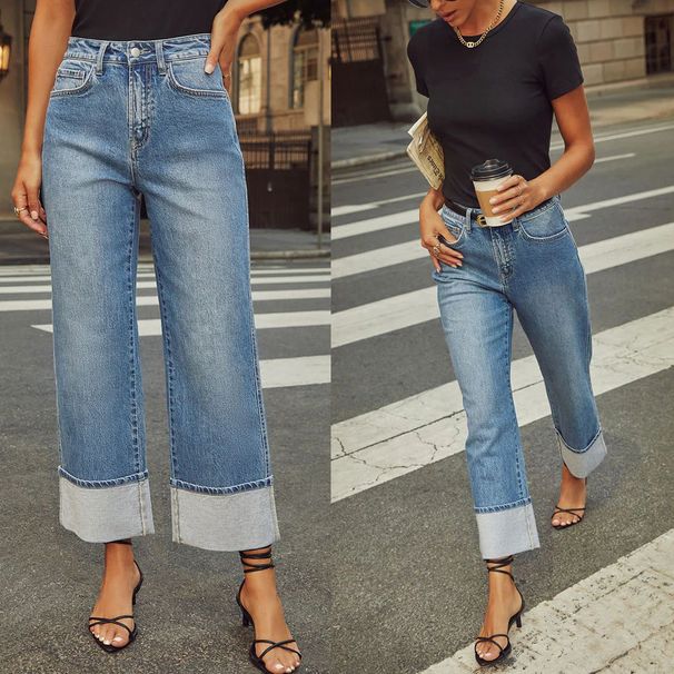Women's Clothing Stretch Denim Jeans For Women - Comfortable Straight Leg Cropped Jeans With Washed & Rolled Hem, Mid-Rise Casual Pants_mkmklike.com