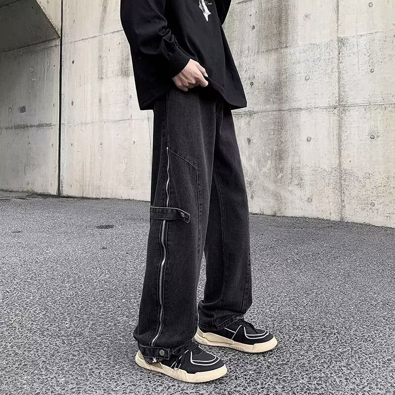 Men's High Street Retro Jeans – Relaxed Straight Leg Pants With Zip Fly & Split Hem For Urban Styling_mkmklike.com