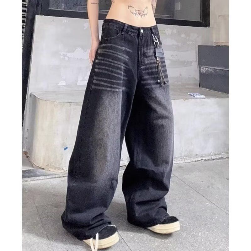 Men's Clothing Retro Black Curved Blade Jeans High Street Style Loose Fit Slimming Wide Leg Pants For Spring Autumn_mkmklike.com