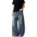 American High Street Washed Pleated Curved Jeans For Men And Women, Loose Straight Casual Wide Leg Baggy Pants_mkmklike.com