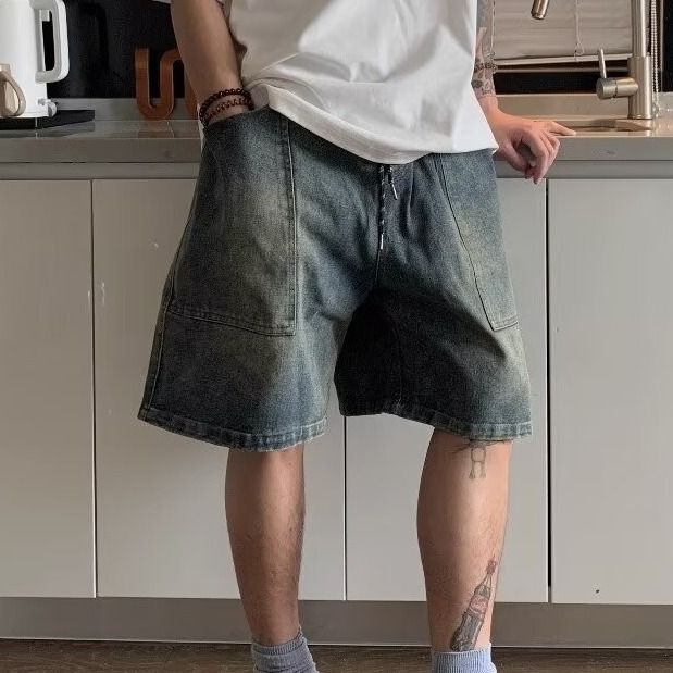 Men's American Classic Washed Jeans Multi Pocket Drawstring Summer Trendy Loose Straight Leg Five Point Fashion Pants_mkmklike.com