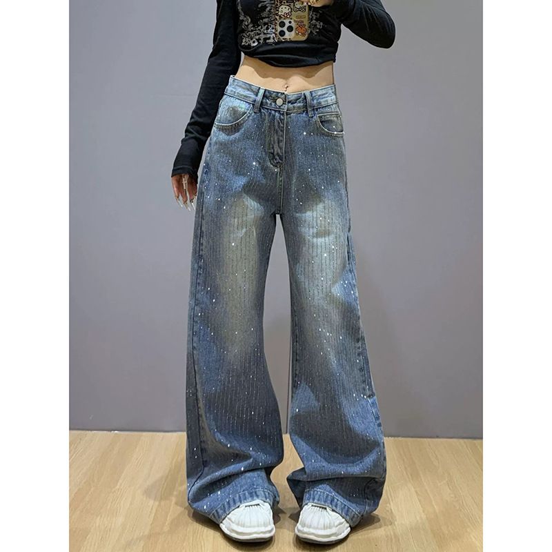 Women's Sparkly Patchwork Denim Jeans Retro Hot Girl Style Loose Flowing Boyfriend Style Floor Length Pants_mkmklike.com