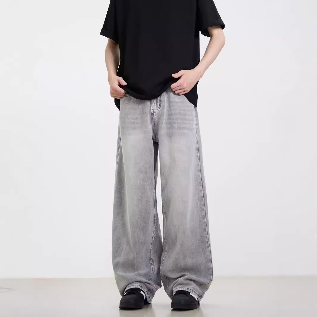 Unisex Smoky Gray Solid Color High Waist Straight Leg Jeans Loose Wide Leg Floor Length Versatile Long Pants American Retro High Street Style_mkmklike.com