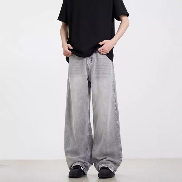 Unisex Smoky Gray Solid Color High Waist Straight Leg Jeans Loose Wide Leg Floor Length Versatile Long Pants American Retro High Street Style_mkmklike.com