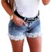 Women's Ripped Fleece Stretch Denim Shorts Lace Trimmed High Waist Style New_mkmklike.com