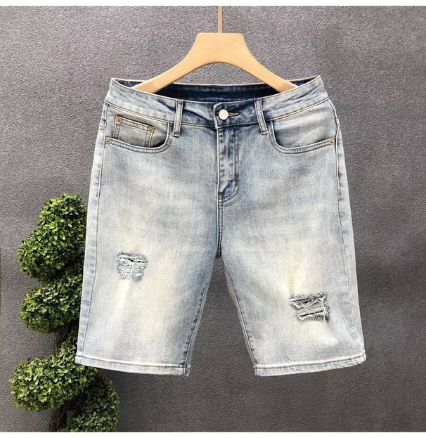 Men's Light Colored Ripped Jeans Loose Fitting Printed Casual Five Point Pants Thin Trendy Versatile Summer_mkmklike.com