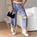 Women's Clothing Lace Up Spring And Summer Hong Kong Style Trendy Individual Street Thin Ripped Double Layer Color Straight Jeans_mkmklike.com