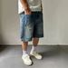 Men's Casual Denim Shorts Distressed Design Front And Back Panel Stitching Straight Leg Loose Fit Wide Leg_mkmklike.com