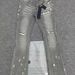 Men Women Y2K Flared Jeans, Vintage Charcoal Wash, Symmetrical Ripped Knees, Splatter, Summer_mkmklike.com