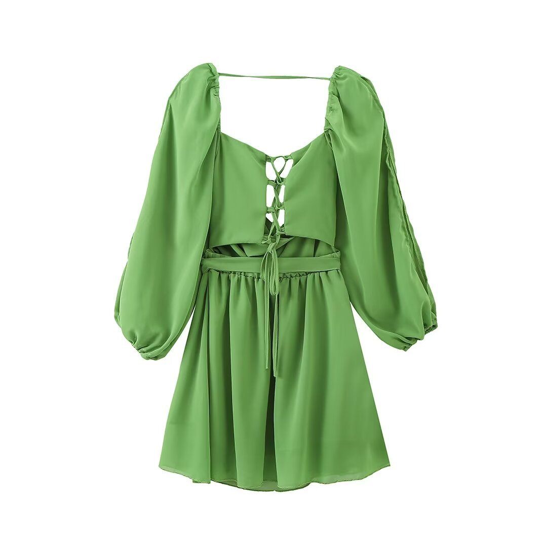 Women's clothing new V-neck long-sleeved hollow backless mini dress_mkmklike.com