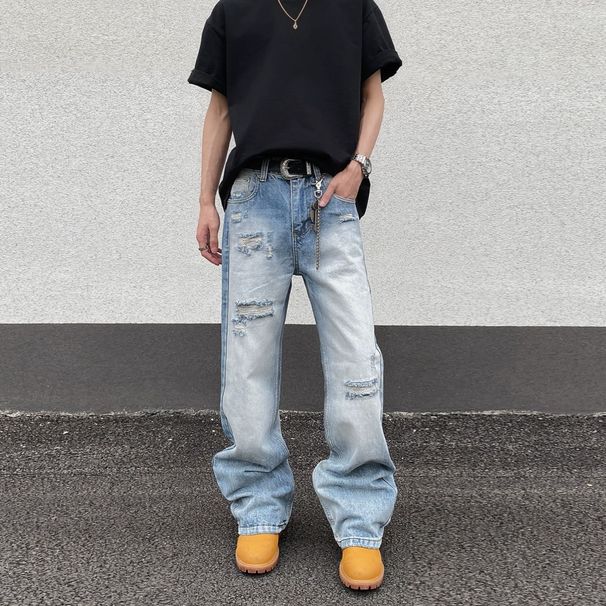 Men's High Street Light Blue Washed Ripped Jeans, Relaxed Straight Leg Baggy Denim Pants With Cleanfit Style_mkmklike.com