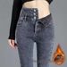 Fashionable Fleece-lined Jeans, New Autumn And Winter Slim-fit Pants, High-waisted With Button Design, Versatile_mkmklike.com