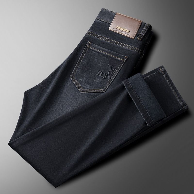 Men's Clothing Men's Jeans Elastic Bottom Fleece Denim Trousers Light Luxury Business Free Ironing Slim Fit Mid Waist Small Straight Pants_mkmklike.com