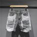Men's Trendy Stylish Denim Shorts Summer Patchwork Unique Five Point Pants Appliqué Frayed Edges Korean Retro Riding Breeches_mkmklike.com