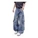 Vintage Washed Heavyweight Cargo Pants With Multi-Pockets – Straight Leg Loose Fit High Street Jeans For Men & Women (Blue/Denim Texture)_mkmklike.com