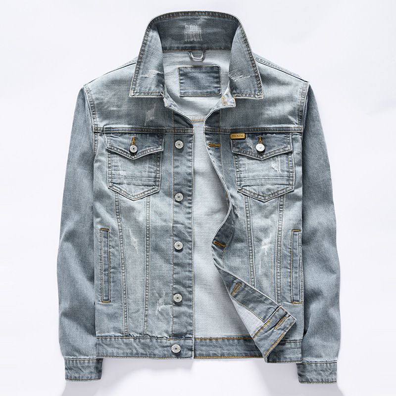 Men's Clothing Handsome Denim Jacket Korean Style Denim Jacket - Trendy Slim Fit Casual Coat With Light Wash - Youthful Streetwear For All Seasons_mkmklike.com