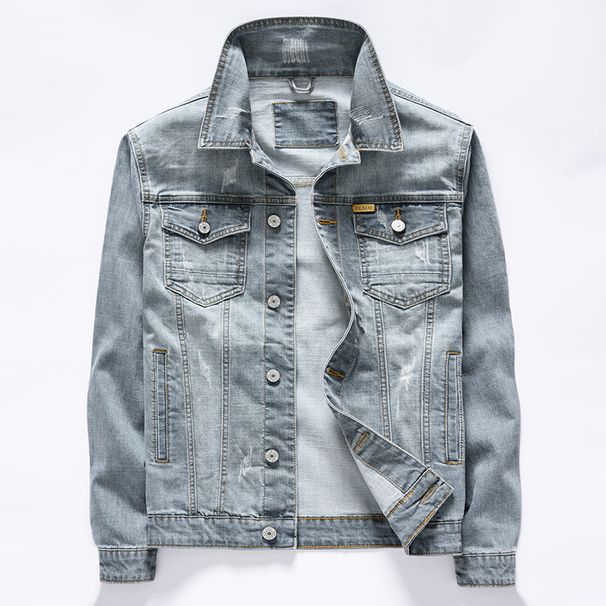 Men's Clothing Handsome Denim Jacket Korean Style Denim Jacket - Trendy Slim Fit Casual Coat With Light Wash - Youthful Streetwear For All Seasons_mkmklike.com