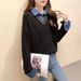 Chicco Spliced Denim Shirt Collar Two-Piece Sweater 2025 Spring New Loose Pullover Knitted Long Sleeve Women_mkmklike.com