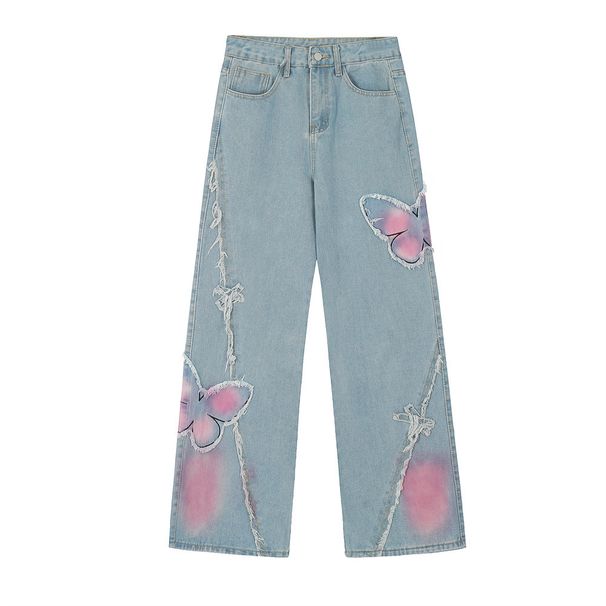 Butterfly Gradient Frayed Hem Jeans For Men High Street Ins Niche Design Loose Straight Wide-Leg Pants_mkmklike.com