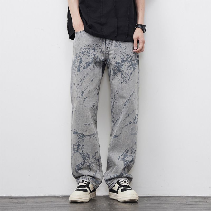 Men's Clothing Loose Straight Personalized Laser Burnt Flower Jeans Street Loose Straight Casual Trousers_mkmklike.com