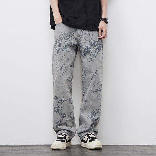 Men's Clothing Loose Straight Personalized Laser Burnt Flower Jeans Street Loose Straight Casual Trousers_mkmklike.com