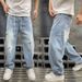 Men's Distressed Patchwork Straight Leg Jeans - Washed Denim With Elastic Waist & Drawstring For Casual Wear_mkmklike.com