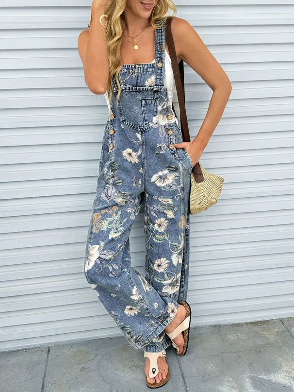 Women's Clothing Women's Printed Denim Jumpsuit Ripped Loose Casual Fashion_mkmklike.com