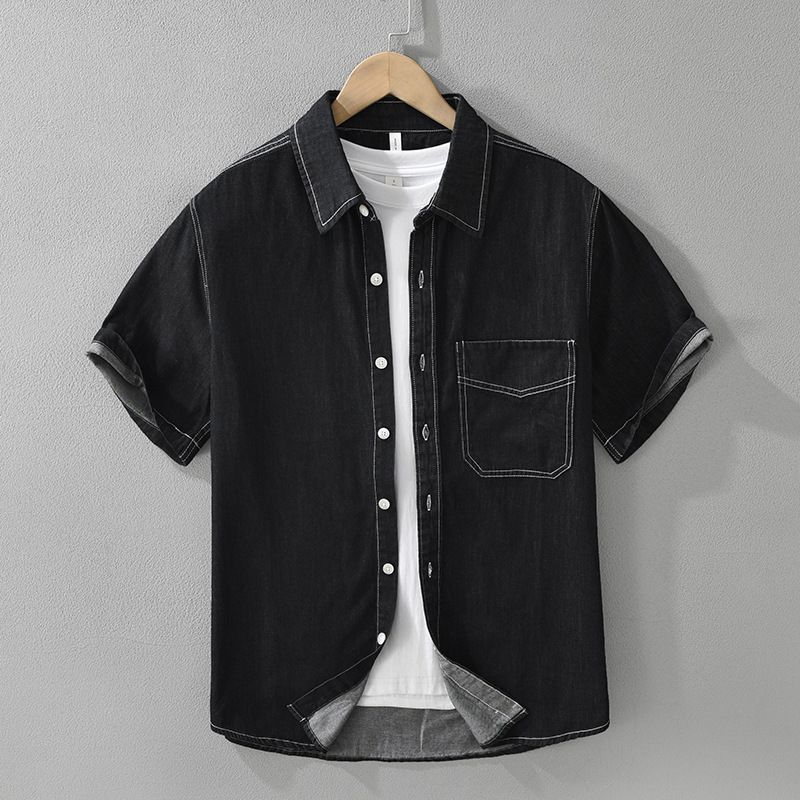 Retro Denim Short Sleeved Shirt For Men, Fashionable And Versatile, Artistic And Casual Loose Top_mkmklike.com