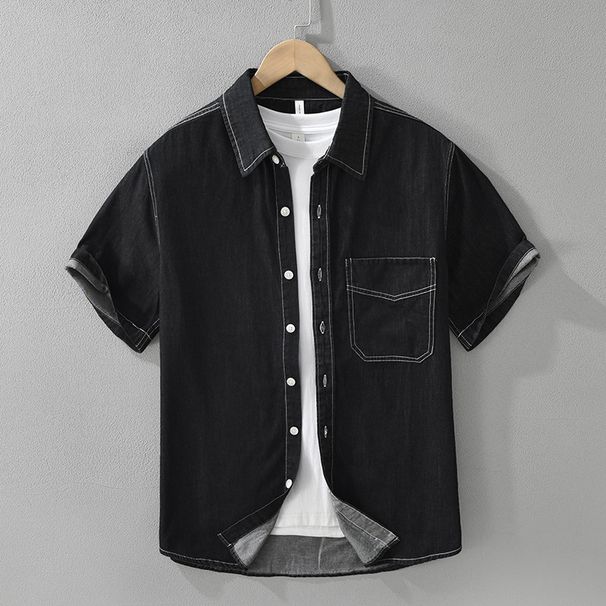 Retro Denim Short Sleeved Shirt For Men, Fashionable And Versatile, Artistic And Casual Loose Top_mkmklike.com