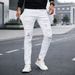 Men's White Distressed Beaded Slim Fit Jeans Patchwork Style Straight Leg_mkmklike.com