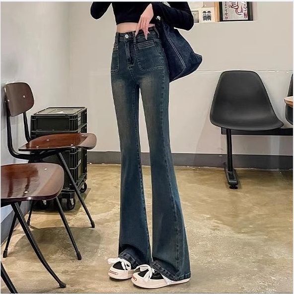 Women's Clothing High Waist Flared Jeans - Cement Gray Stretch Denim With Fleece Lining (Winter Warm, S-2XL)_mkmklike.com