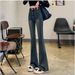 Women's Clothing High Waist Flared Jeans - Cement Gray Stretch Denim With Fleece Lining (Winter Warm, S-2XL)_mkmklike.com
