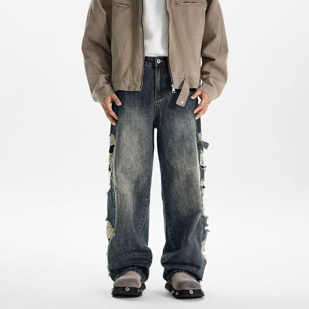 Vintage Washed Denim Jeans – Relaxed Wide-Leg Streetwear Pants With Distressed Details For Men_mkmklike.com