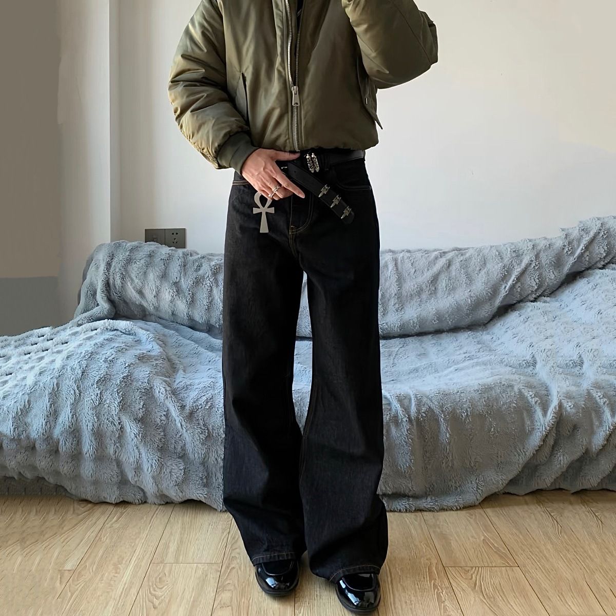 Men's Clothing Retro Original Black Wide Leg Jeans Casual Loose Denim Straight Long Pants_mkmklike.com