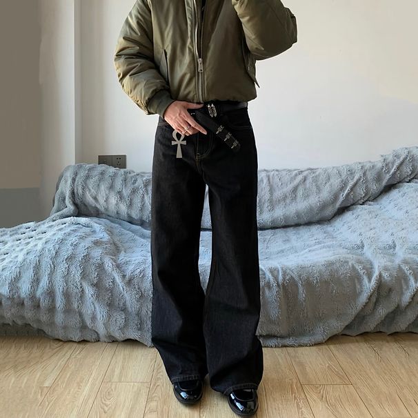 Men's Clothing Retro Original Black Wide Leg Jeans Casual Loose Denim Straight Long Pants_mkmklike.com