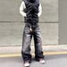 Vintage Washed Black Distressed Flared Jeans For Men & Women, Retro American Style High Waist Wide Leg Denim Pants_mkmklike.com