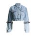 Women's Casual Fashion Short Denim Jacket Color Block Belted Baseball Jacket Indigo Blue Solid_mkmklike.com