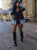 Stylish Women's Denim Blazer Jacket With Polyester-Spandex Blend, Casual Streetwear For Spring, Black & White Options (S-2XL)_mkmklike.com