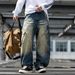Men's Vintage Distressed Straight Leg Jeans Retro Blue Breathable Casual Wide Leg Cotton Pants mid Waist Long Length_mkmklike.com