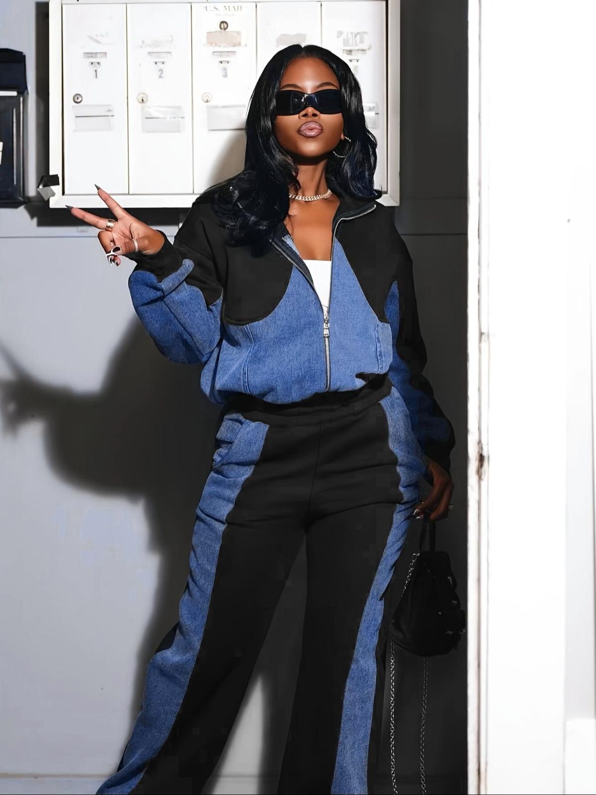 Women's Clothing Denim Patchwork Suit Jacket Trousers Two Piece Suit_mkmklike.com