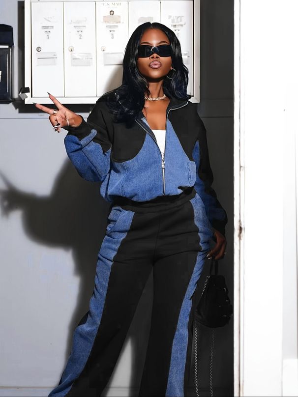 Women's Clothing Denim Patchwork Suit Jacket Trousers Two Piece Suit_mkmklike.com