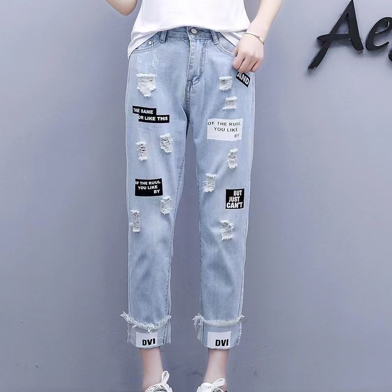 Distressed Dad Jeans For Women – High Waisted Loose Fit Denim Pants With Rhinestone Embellishments (90s Vintage Style, Cropped Length)_mkmklike.com