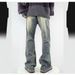 Men's American Style Washed Flared Jeans Loose Fitting Trendy Spring Retro Curved Blade Semi-Elastic Midweight Straight Pants_mkmklike.com