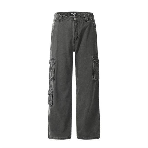 American Style Workwear Multi-Pocket Denim Men's INS Trend Hip-Hop Loose Washed Vintage Wide-Leg Floor-Length Pants_mkmklike.com